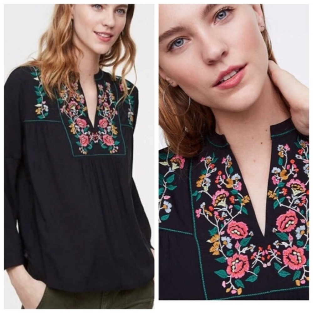 LOFT | Vine Embroidered Bell Sleeve Top